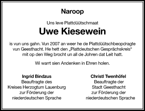 Traueranzeige von Uwe Kiesewein von Wochenend Anzeiger