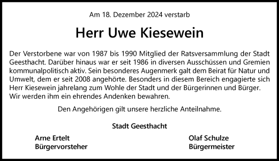 Traueranzeige von Uwe Kiesewein von Wochenend Anzeiger