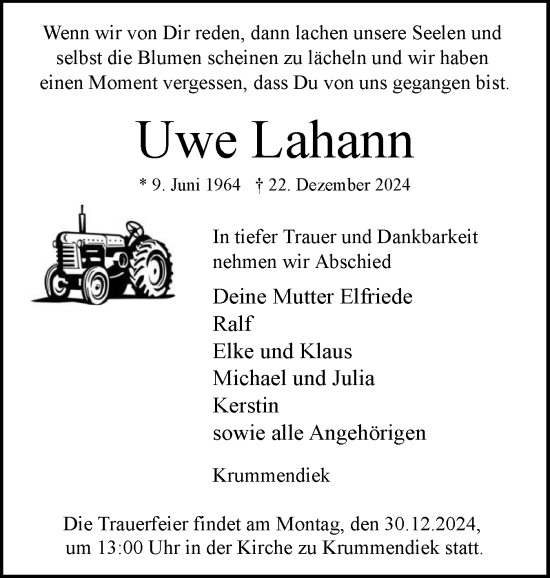 Traueranzeige von Uwe Lahann von Norddeutsche Rundschau, Wilstersche Zeitung, Glückstädter Fortuna