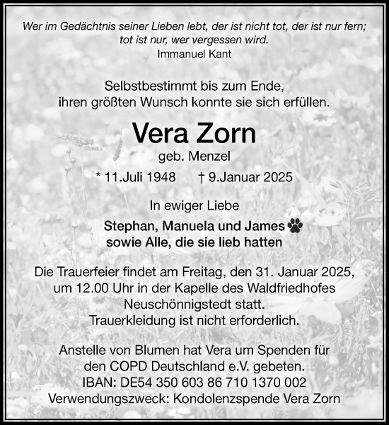 Traueranzeige von Vera Zorn von MARKT Glinde/Reinfeld