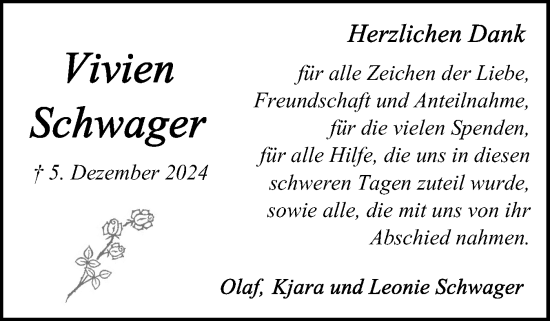 Traueranzeige von Vivien Schwager von Schleswig-Holsteinische Landeszeitung