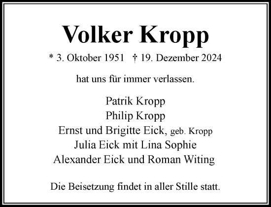 Traueranzeige von Volker Kropp von MARKT Bad Oldesloe/Reinfeld und Stormarner Tageblatt