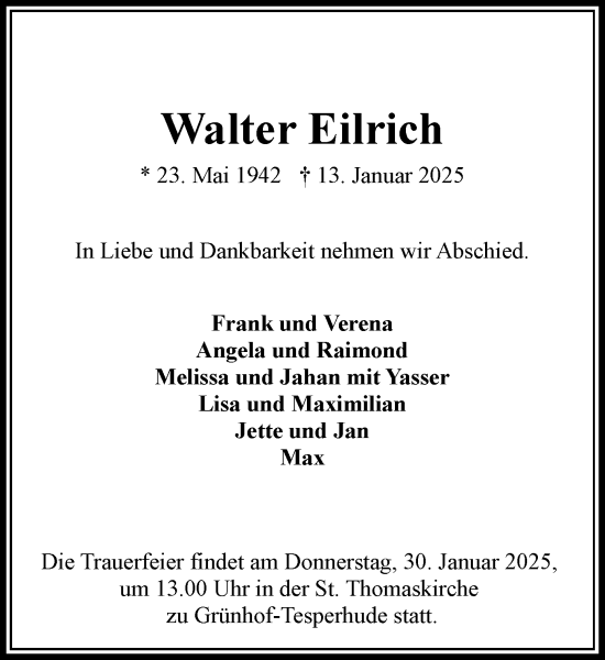 Traueranzeige von Walter Eilrich von Wochenend Anzeiger