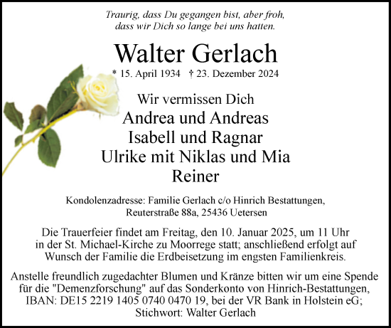 Traueranzeige von Walter Gerlach von Uetersener Nachrichten, Der tip am Wochenende