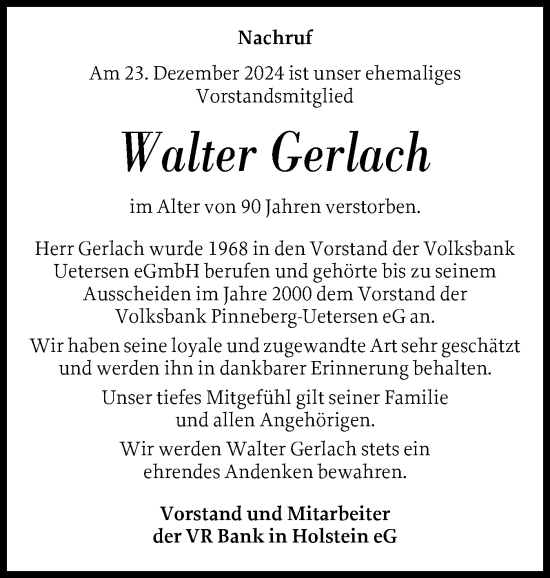 Traueranzeige von Walter Gerlach von Uetersener Nachrichten