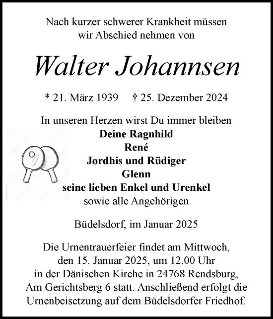 Traueranzeige von Walter Johannsen von Schleswig-Holsteinische Landeszeitung