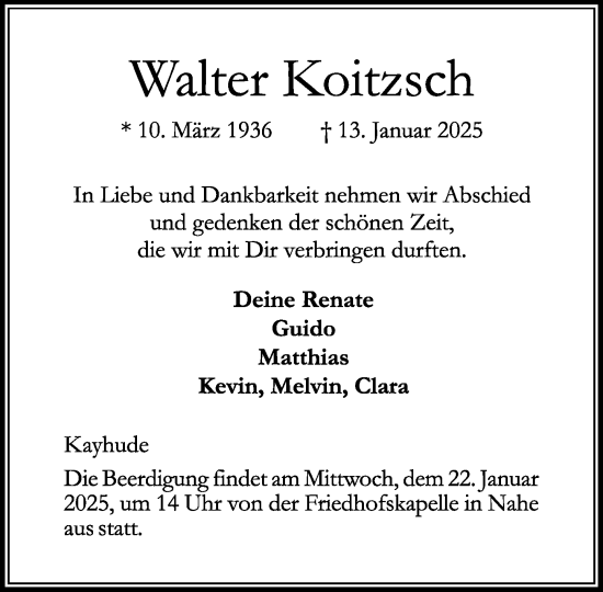 Traueranzeige von Walter Koitzsch von MARKT Ahrensburg/Bargteheide/Trittau und Stormarner Tageblatt