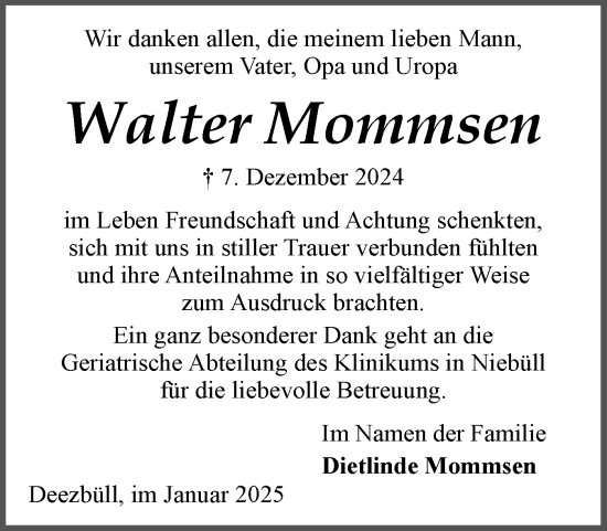 Traueranzeige von Walter Mommsen von Region Flensburg