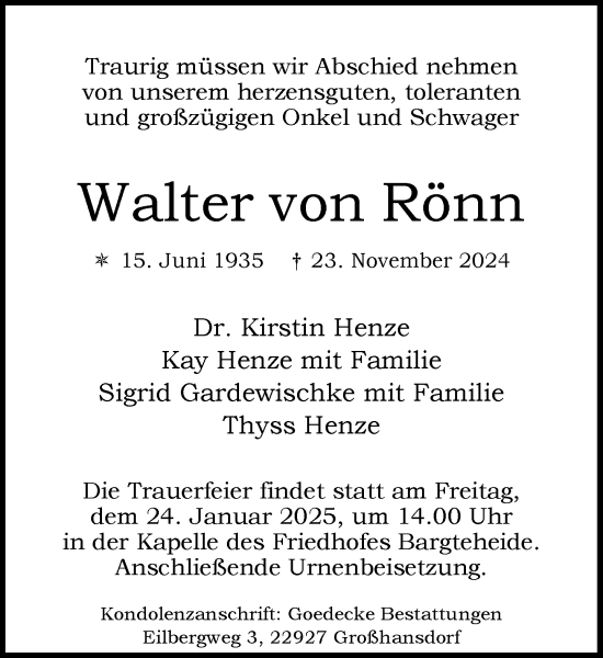 Traueranzeige von Walter von Rönn von MARKT Ahrensburg/Bargteheide/Trittau und Stormarner Tageblatt