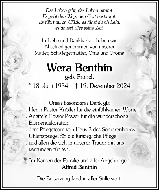 Traueranzeige von Wera Benthin von MARKT Ratzeburg/Mölln