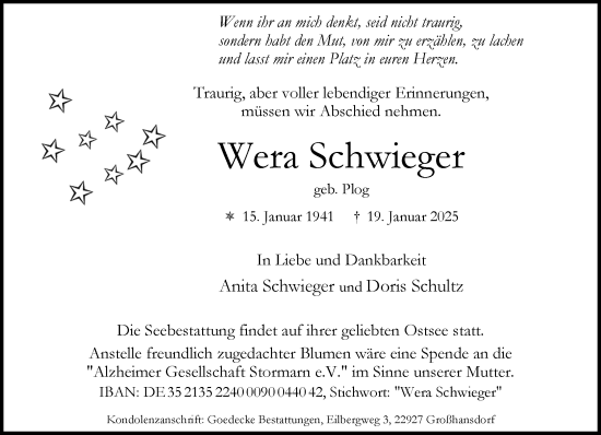 Traueranzeige von Wera Schwieger von MARKT Ahrensburg/Bargteheide/Trittau und Stormarner Tageblatt