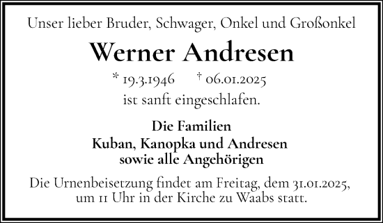 Traueranzeige von Werner Andresen von Eckernförder Zeitung, Hallo Eckernförde
