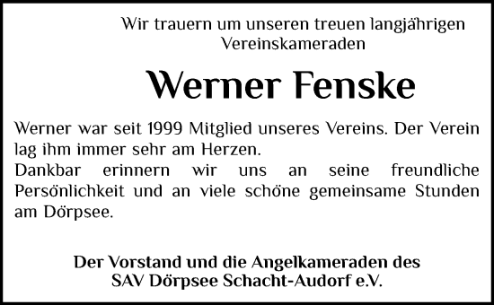 Traueranzeige von Werner Fenske von Schleswig-Holsteinische Landeszeitung