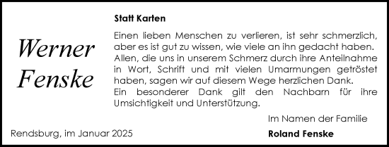 Traueranzeige von Werner Fenske von Schleswig-Holsteinische Landeszeitung