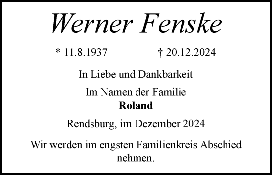 Traueranzeige von Werner Fenske von Schleswig-Holsteinische Landeszeitung