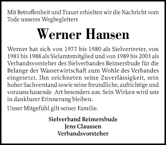 Traueranzeige von Werner Hansen von Husumer Nachrichten, Nordfriesland Tageblatt