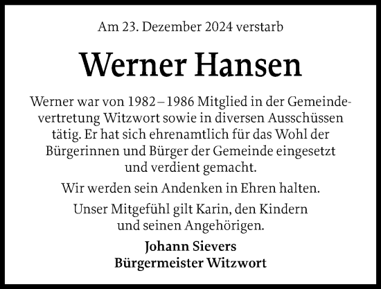 Traueranzeige von Werner Hansen von Husumer Nachrichten, Nordfriesland Tageblatt