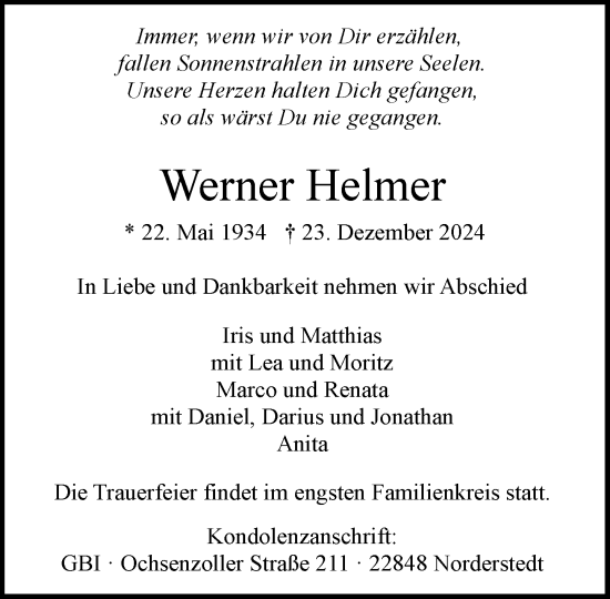 Traueranzeige von Werner Helmer von Heimatspiegel