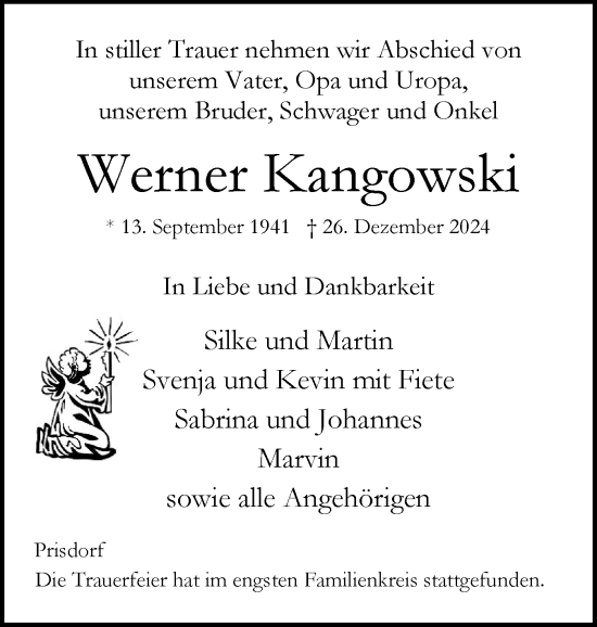 Traueranzeige von Werner Kangowski von Region Pinneberg und tip Pinneberg