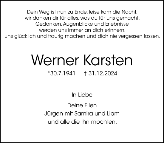 Traueranzeige von Werner Karsten von MARKT Ratzeburg/Mölln