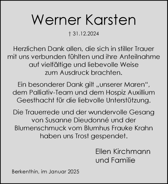 Traueranzeige von Werner Karsten von MARKT Ratzeburg/Mölln