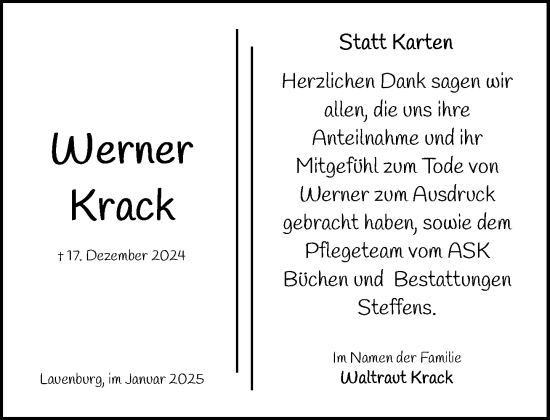 Traueranzeige von Werner Krack von Wochenend Anzeiger