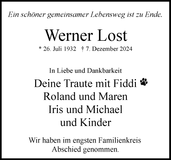 Traueranzeige von Werner Lost von Uetersener Nachrichten, Der tip am Wochenende
