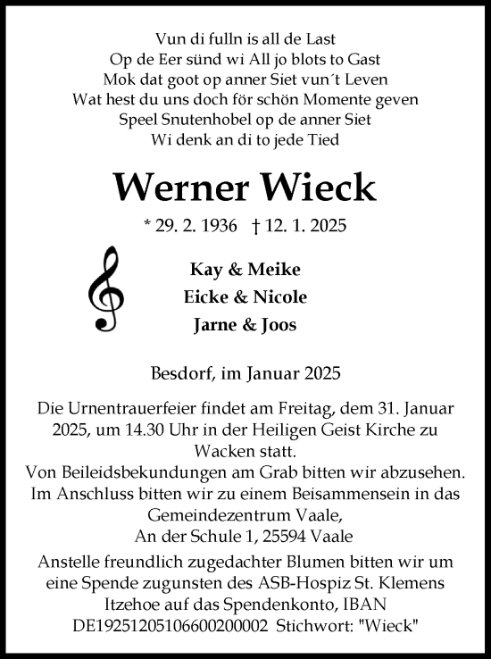 Traueranzeige von Werner Wieck von Norddeutsche Rundschau, Wilstersche Zeitung, Glückstädter Fortuna