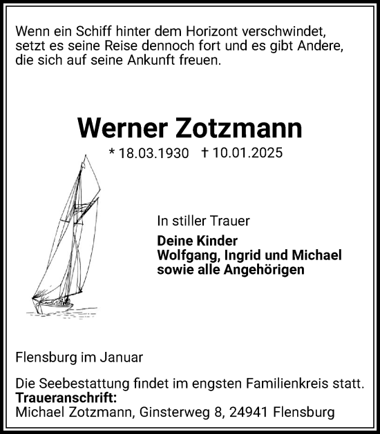 Traueranzeige von Werner Zotzmann von Flensburger Tageblatt