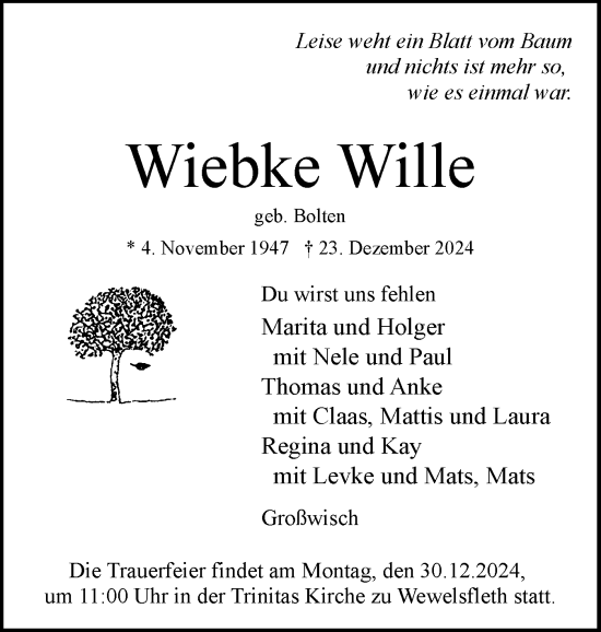 Traueranzeige von Wiebke Wille von Norddeutsche Rundschau, Wilstersche Zeitung, Glückstädter Fortuna
