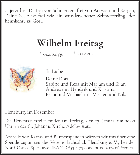 Traueranzeige von Wilhelm Freitag von Flensburger Tageblatt