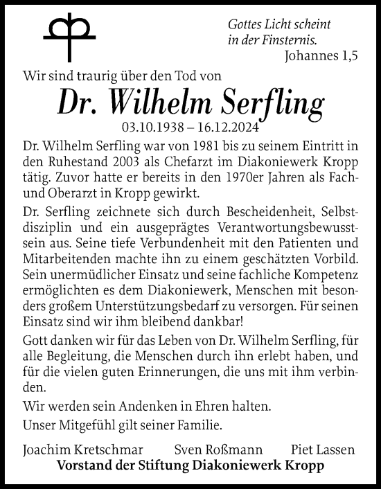 Traueranzeige von Wilhelm Serfling von Schleswiger Nachrichten, Schlei-Bote
