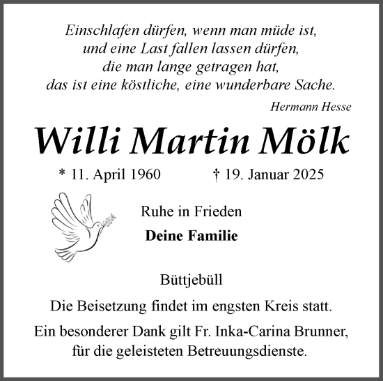 Traueranzeige von Willi Martin Mölk von Husumer Nachrichten, Nordfriesland Tageblatt