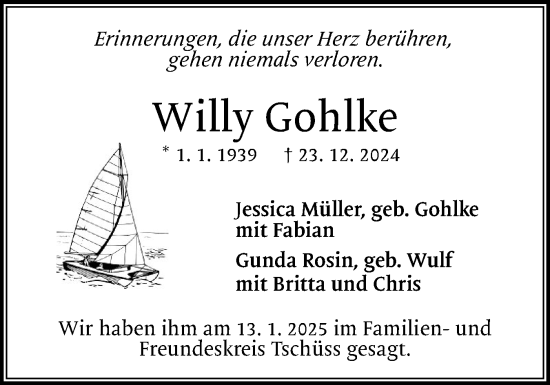 Traueranzeige von Willy Gohlke von Region Pinneberg und tip Pinneberg