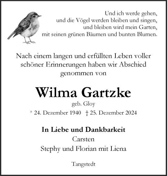 Traueranzeige von Wilma Gartzke von Region Pinneberg und tip Pinneberg