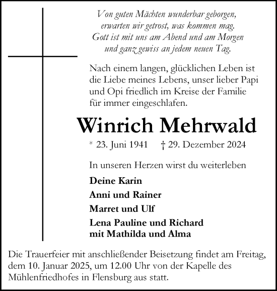 Traueranzeige von Winrich Mehrwald von Flensburger Tageblatt