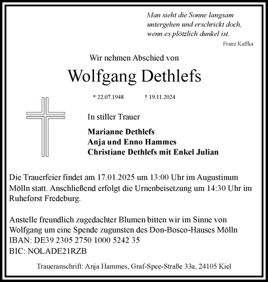 Traueranzeige von Wolfgang Dethlefs von Region Pinneberg und tip Pinneberg