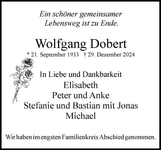 Traueranzeige von Wolfgang Dobert von Uetersener Nachrichten, Der tip am Wochenende