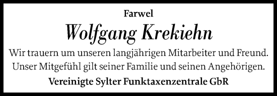 Traueranzeige von Wolfgang Krekiehn von Sylter Rundschau