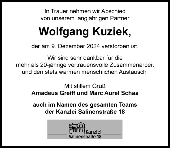 Traueranzeige von Wolfgang Kuziek von MARKT Bad Oldesloe/Reinfeld, MARKT Ahrensburg/Bargteheide/Trittau und Stormarner Tageblatt