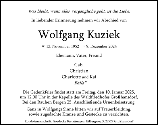 Traueranzeige von Wolfgang Kuziek von MARKT Ahrensburg/Bargteheide/Trittau und Stormarner Tageblatt