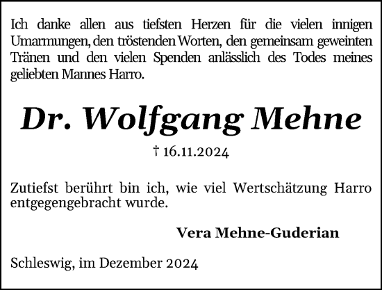 Traueranzeige von Wolfgang Mehne von Schleswiger Nachrichten, Schlei-Bote