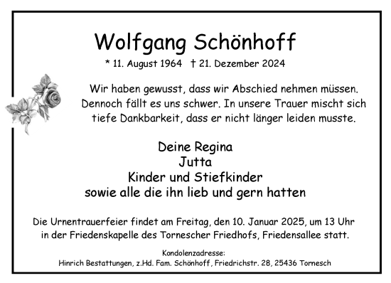 Traueranzeige von Wolfgang Schönhoff von Uetersener Nachrichten, Der tip am Wochenende