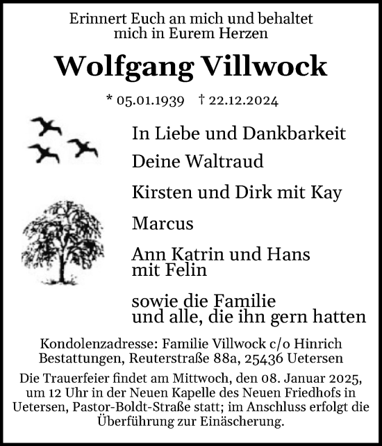 Traueranzeige von Wolfgang Villwock von Uetersener Nachrichten, Der tip am Wochenende