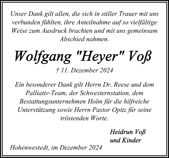 Traueranzeige von Wolfgang Voß von Schleswig-Holsteinische Landeszeitung
