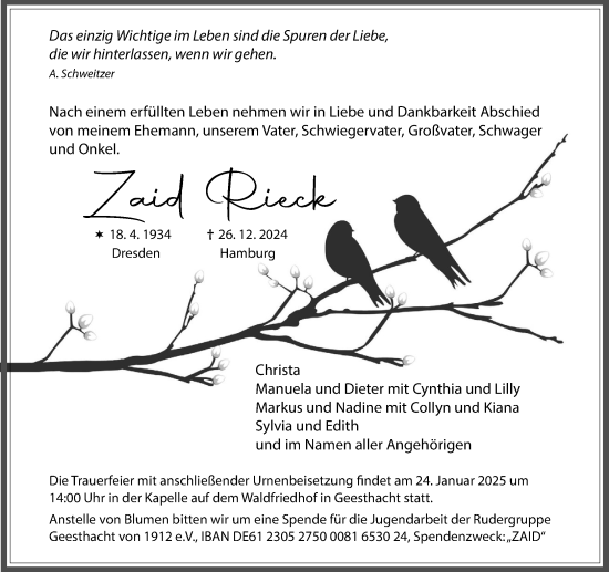 Traueranzeige von Zaid Rieck von Wochenend Anzeiger