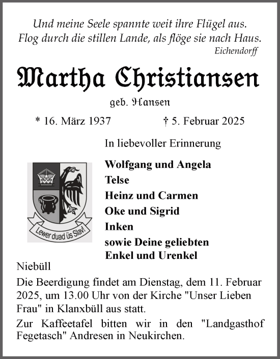 Traueranzeige von Martha Christiansen von Husumer Nachrichten, Nordfriesland Tageblatt