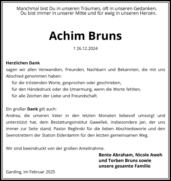 Traueranzeige von Achim Bruns von Husumer Nachrichten, Nordfriesland Tageblatt