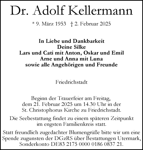 Traueranzeige von Adolf Kellermann von Husumer Nachrichten, Nordfriesland Tageblatt