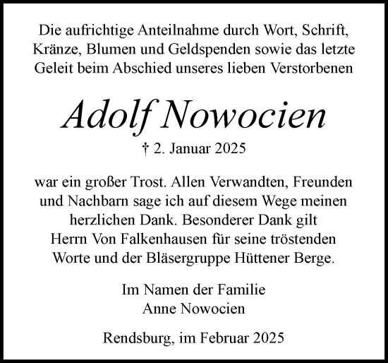 Traueranzeige von Adolf Nowocien von Schleswig-Holsteinische Landeszeitung